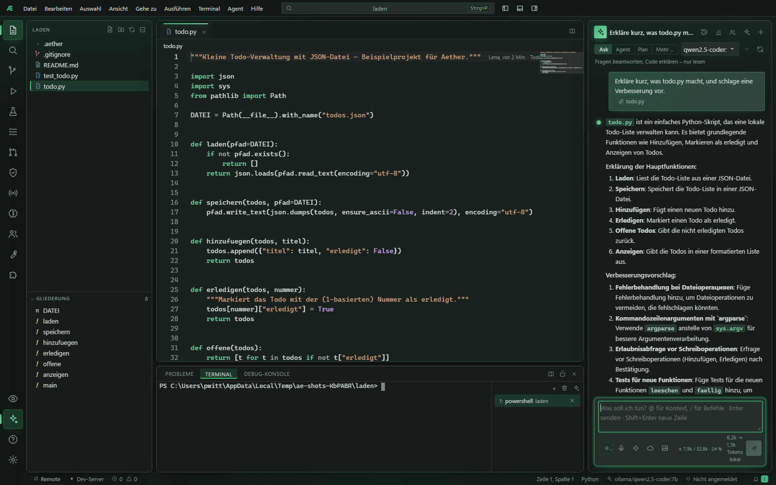 Aether: Editor, Plan und Agentenchat mit lokalem Modell